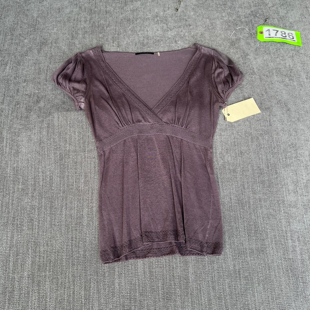 Elie Tahari Knit Top Womens Small Purple Silk Puff Sleeve V-Neck Empire Waist